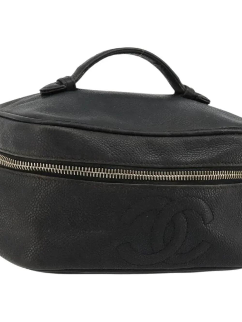 CHANEL Vanity Hand Bag Grained Calf Skin Black Gold CC Auth gh2069